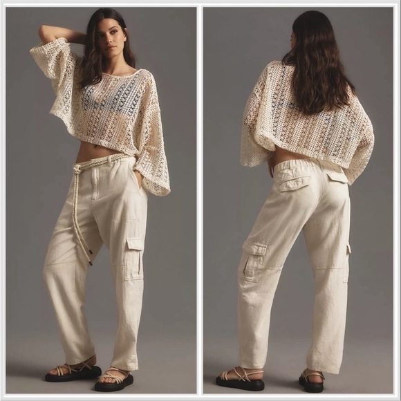 Anthropology Pilcro Slim Linen Blend Beach Cream Cargo pants size XL - Picture 1 of 7
